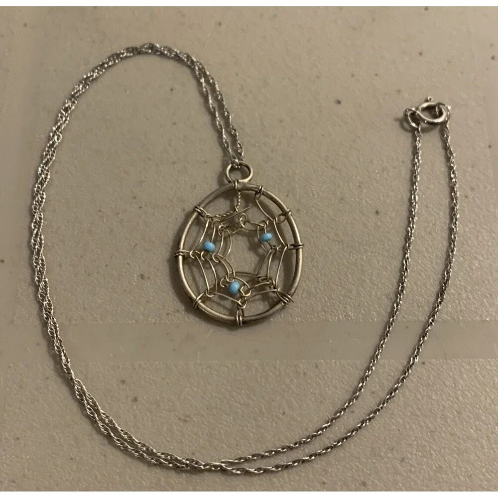 Native American Dream Catcher Necklace 18” Sterling Silver Turquoise